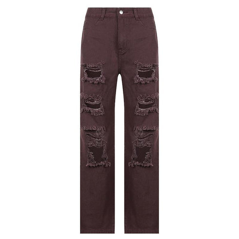 Hip Hop High Waist Straight Jeans With Rough Edges And Holes